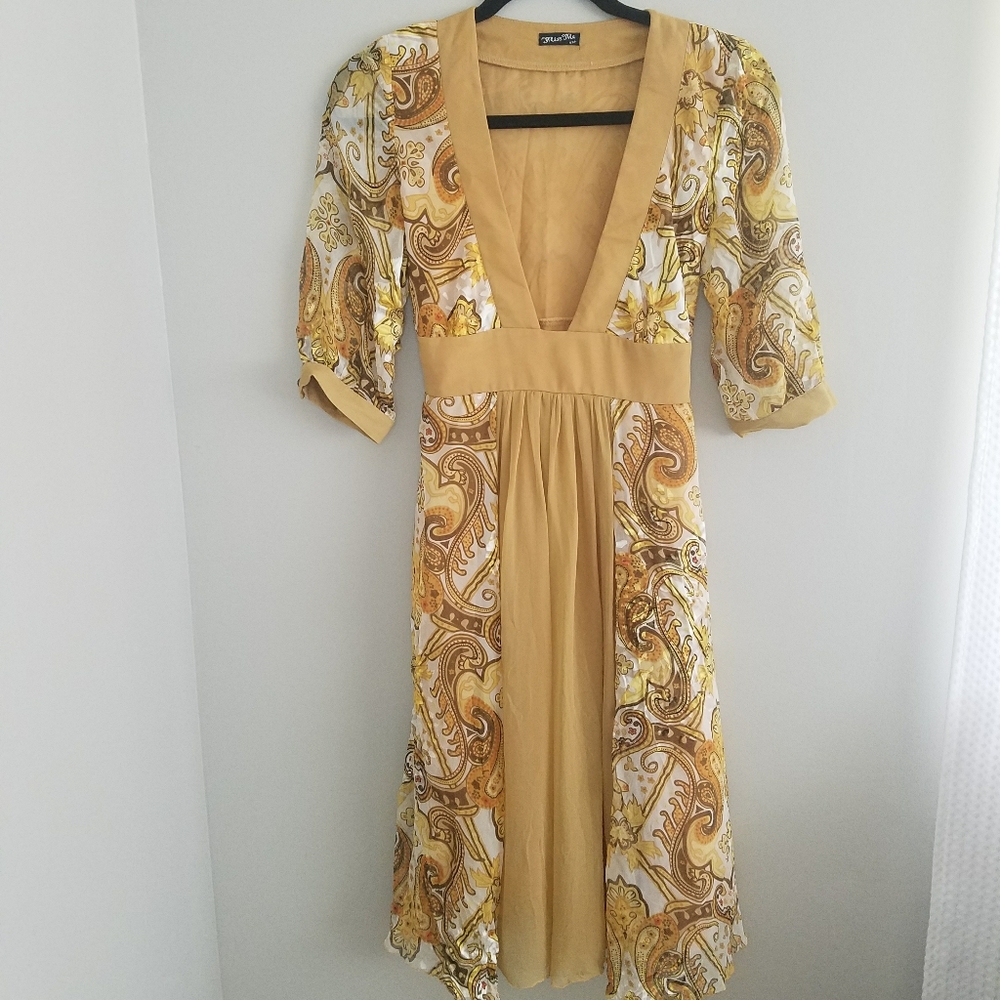 70s inspired Paisley Mustard Dress